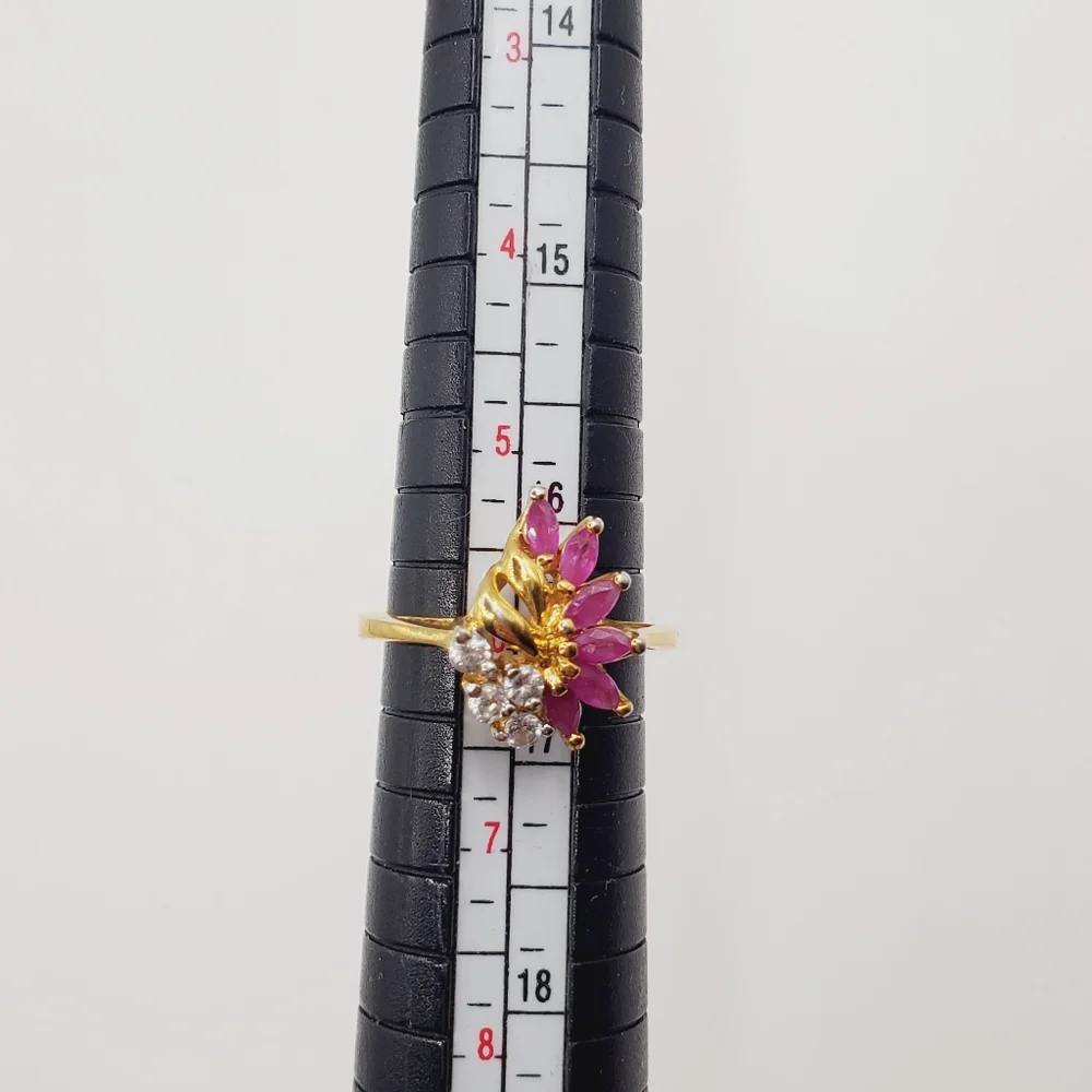 Genuine Marquise Pink Ruby - Simulated Diamonds - 18k Yellow Gold Plated Ring